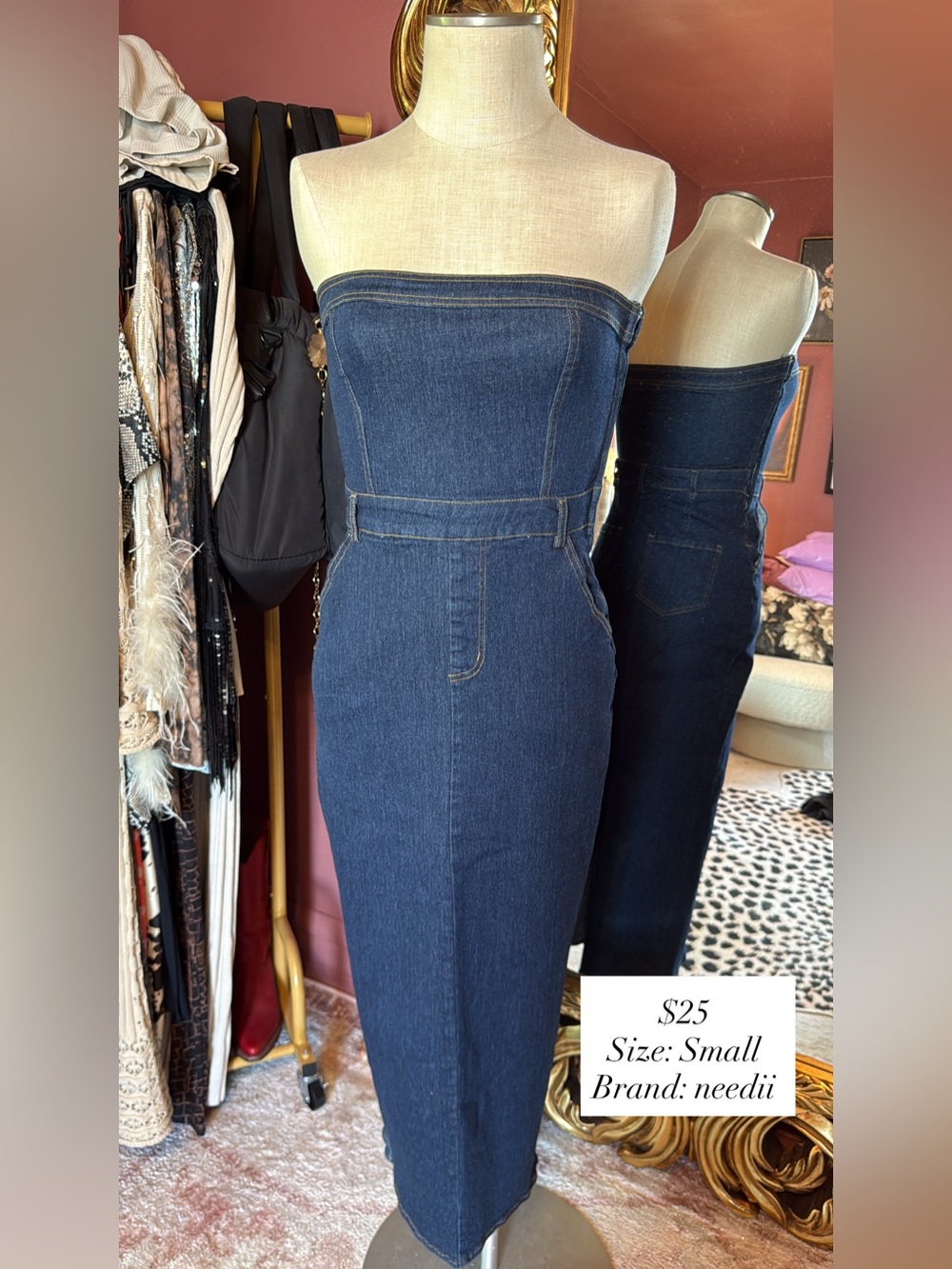 Needii Strapless Dark Blue Denim Midi Dress - Small